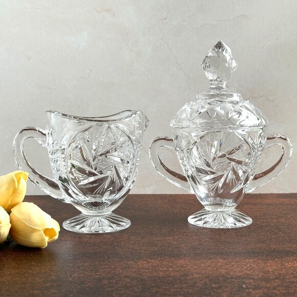 Pinwheel Polish Lead Crystal Sugar & Creamer - Picture 1 of 9